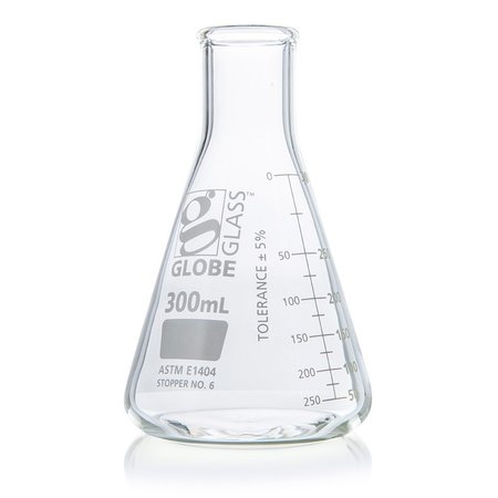 GLOBE SCIENTIFIC Flask, Erlenmeyer, Globe Glass, 300mL, Narrow Mouth, Dual Graduations, ASTM E1404, 12/Box 8400300